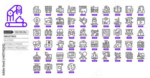 Industries related, pixel perfect, editable stroke, up scalable, line, vector bloop icon set.