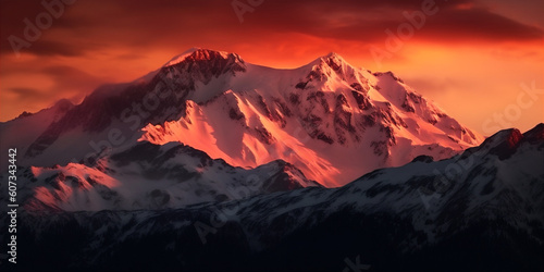 Majestic view of snow capped mountain range at sunrise with fog. AI generated.