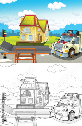 cartoon scene in the city with doctor car happy ambulance - illustration for children © honeyflavour