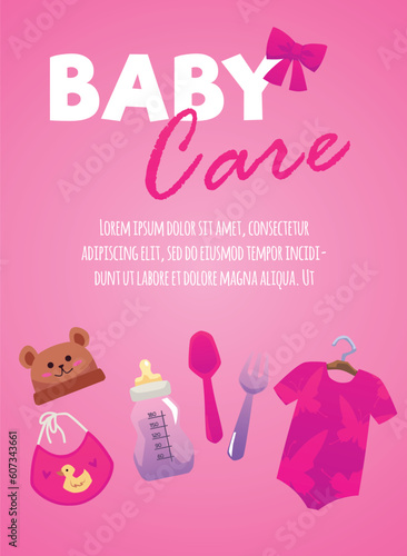 Baby care supplies - advertising poster, flat vector illustration.