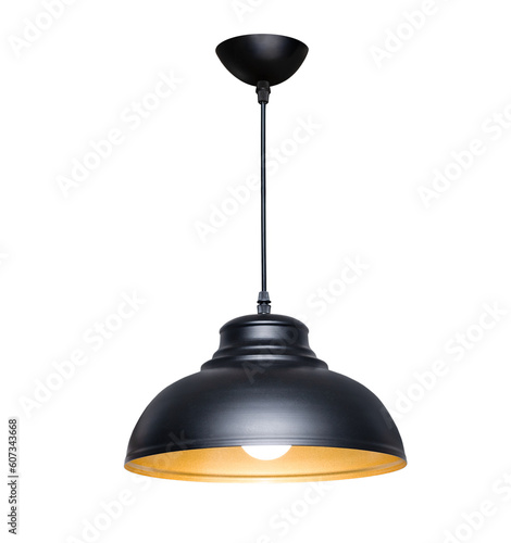one black chandelier hanging on a wire on a white isolated background