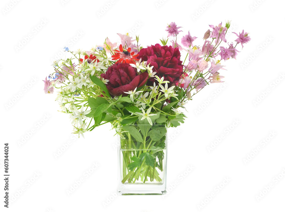 A bouquet of garden and wild flowers: peonies, umbelliferous and bells on a white background. A bouquet of garden and wild flowers: peonies, umbelliferous and bells on a white background.