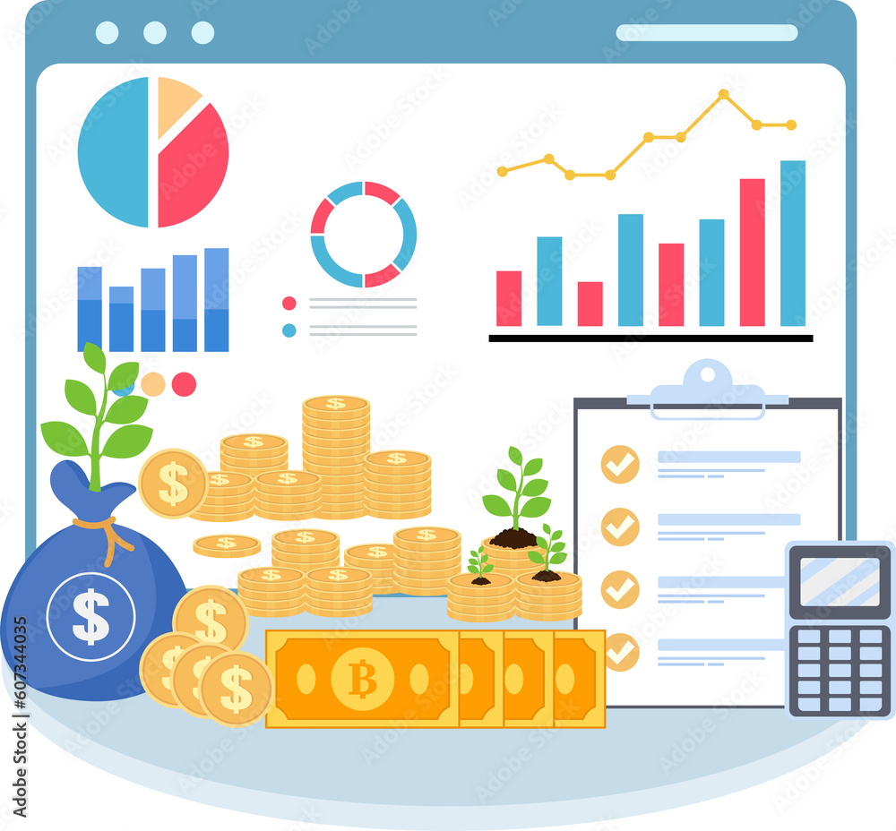 business investment and profit concept.Business chart and gold coin. Desktop of a businessman. The concept of analysis and investment and business success