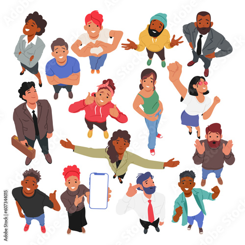 Group of Male Female Characters Gathered, Their Heads Tilted Upwards, Marveling At Something From A Top View