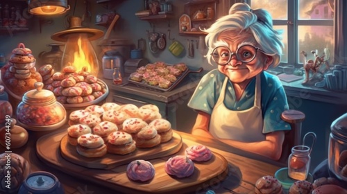 An elderly woman kneading dough in the kitchen and making delicious homemade pastries. Generative ai.