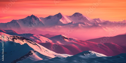Majestic view of snow capped mountain range at sunrise with fog. AI generated.