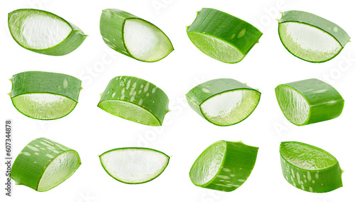 collection of twelve slices of aloe vera in different angles on a white isolated background