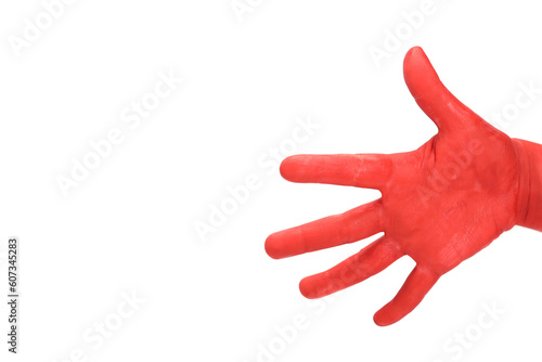 Opened children's palm painted in red isolated on white
