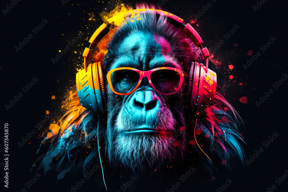 A colofrul illustration of Monkey wearing stylish headphones, perfect for a fun and creative t-shirt design. Ai generated
