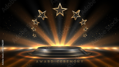 Black empty podium on dark background and 3d gold star elements with light ray effects decoration and bokeh. Luxury award ceremony design concept. Vector illustration.