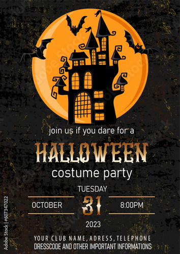 Halloween costume party invitation with scary castle and flying bats on moon background. Holiday design template. Vector illustration