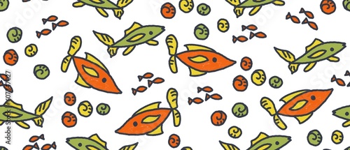Seamless abstract children pattern. Orange, green, yellow, grey colors. White background. Fishes. Design for textile fabrics, wrapping paper, background, wallpaper, cover.