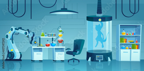 Vector of a science laboratory with robotic hand, capsule for experiments with mystery creature