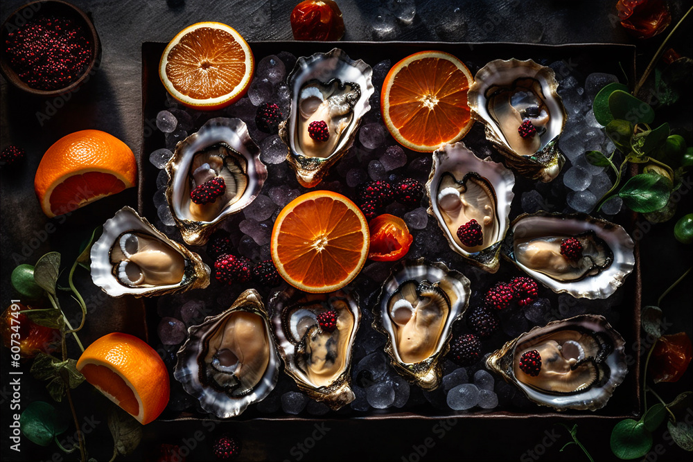 Fresh and Delectable Open Oysters on a Platter with lemon, ice. Fresh seafood. AI generated.