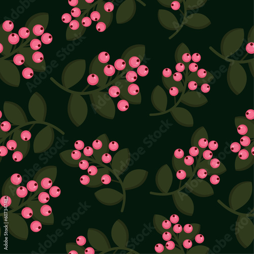 Seamless pattern of cute pink berries small rowanberry cowberry with dark green background. Cartoon berries seamless pattern in flat design for textile. Design for package and illustration for print