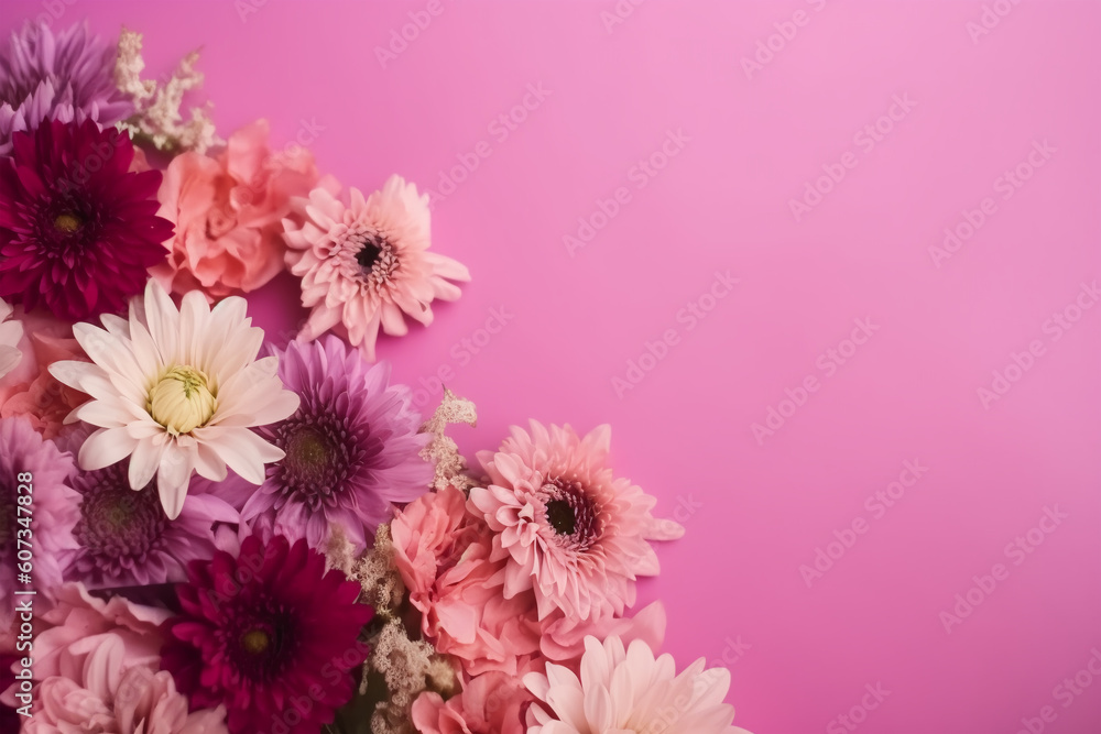 flowers decor on pink background top view with copy space