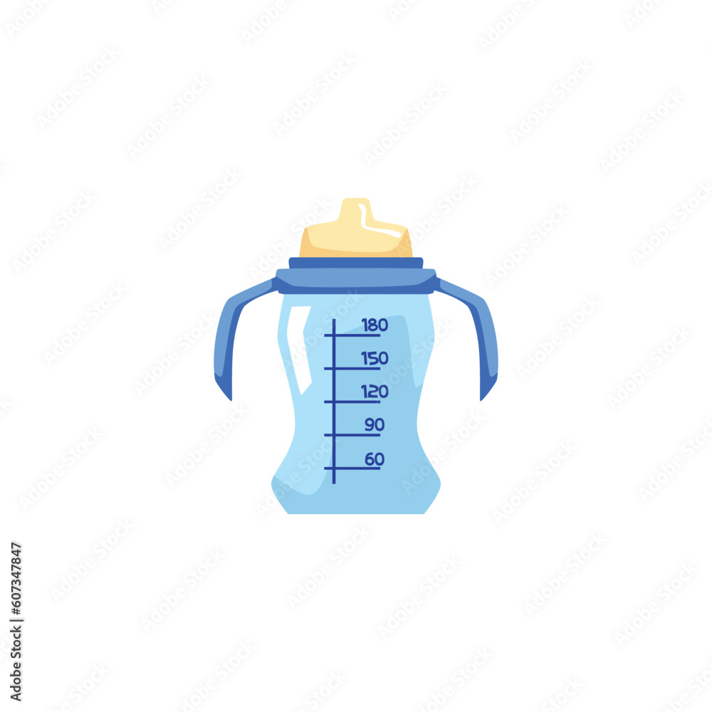 Baby bottle with nipple and handles for first self-feeding, flat vector isolated. Baby bottle with nipple and handles for first self-feeding, flat vector isolated.