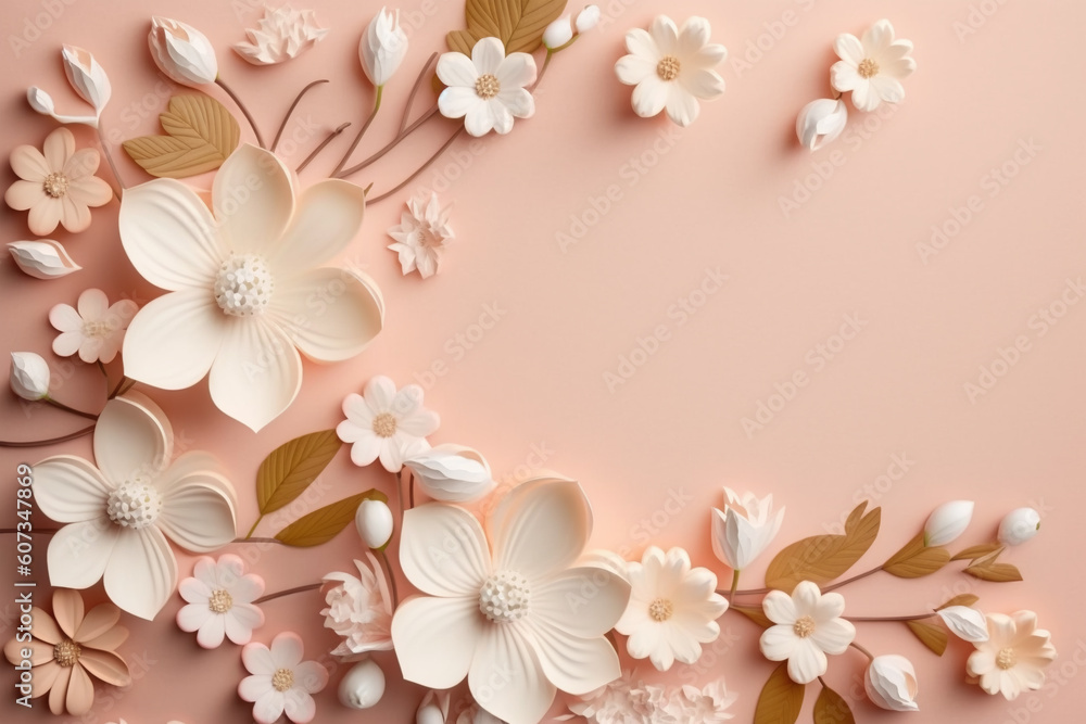 paper сut flowers on a pink background warm color palette composition paper сut flowers on a pink background warm color palette composition