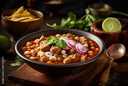 Mexican pozole featuring tender chunks of pork, hominy, flavorful broth, garnished with fresh toppings. AI generated photo