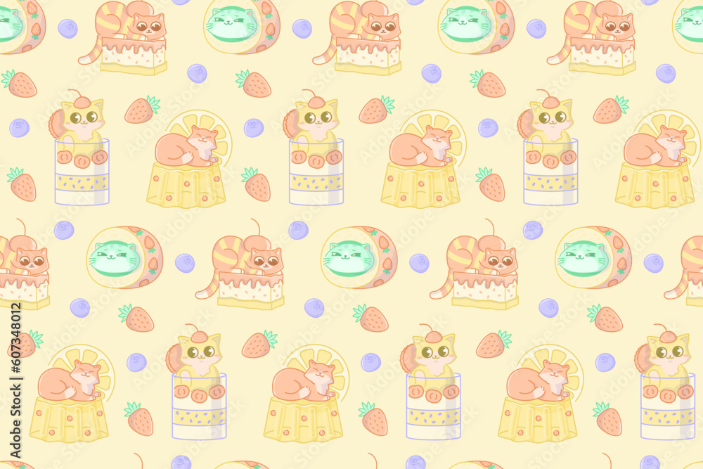 Cute seamless pattern with cartoon cats, desserts and berries.