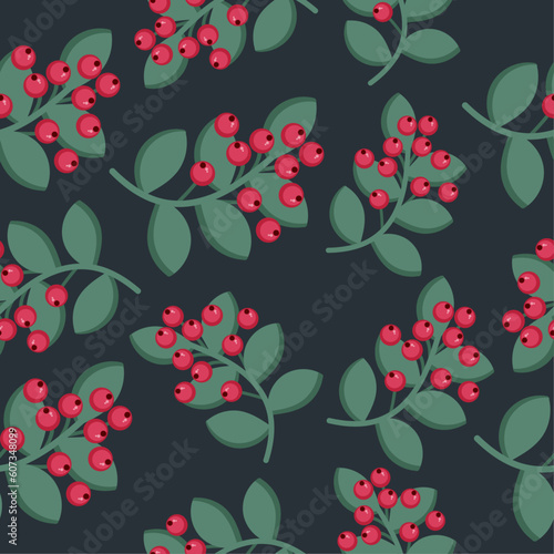 Summer seamless pattern of cute berries small rowanberry cowberry with dark green background. Cartoon berries seamless pattern in flat design for textile. Design for package and illustration for print