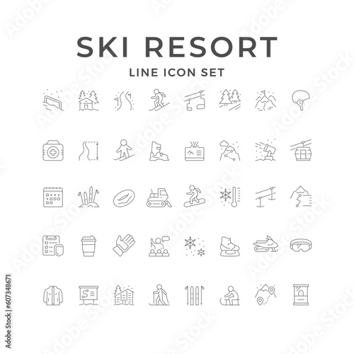 Set line icons of ski resort