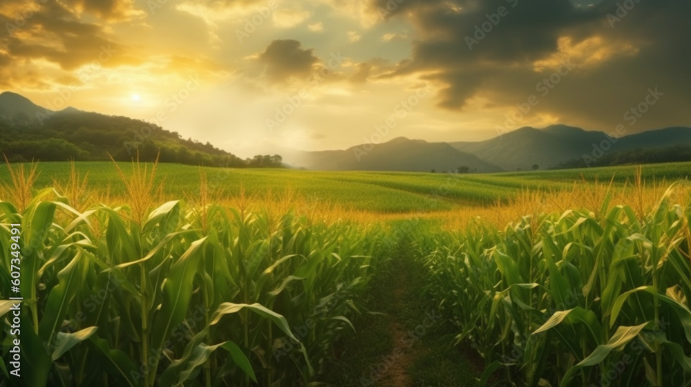 Landwirtschaftliche Idylle: Ein romantischer Sonnenuntergang über einem Maisfeld in der Toskana