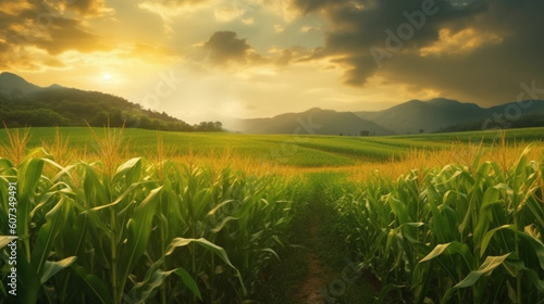 Landwirtschaftliche Idylle  Ein romantischer Sonnenuntergang   ber einem Maisfeld in der Toskana
