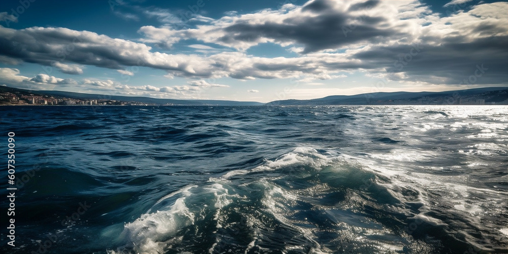 Fototapeta premium Seascape with deep blue sky, puffy white clouds. AI generated.