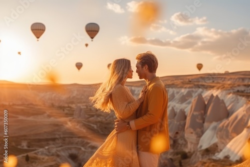 Beautiful couple of unrecognizable people watching Colorful Hot Air Balloons in Flight, AI Generated