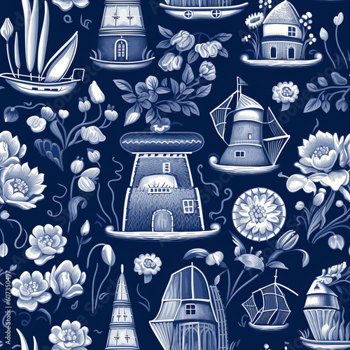 Generative AI Seamless vector delftware pattern with tulips and mills photo