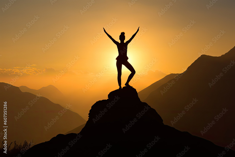Silhouette of a Woman Practicing Yoga on A Mountain Top During Sunrise – Generative AI