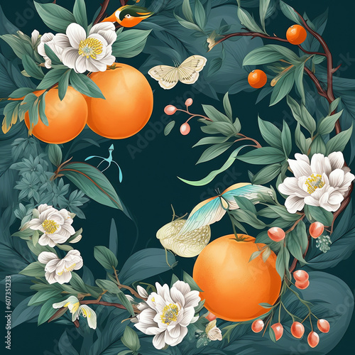 Generative AI Mandarin floral pattern. Hand drawn tree branches with ripe tangerins, leaves and flowers on blue background. Vector illustration