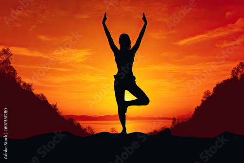 Wallpaper Mural Silhouette of a Woman Practicing Yoga in Front of a Lake and a Forest During Golden Hour – Generative AI Torontodigital.ca
