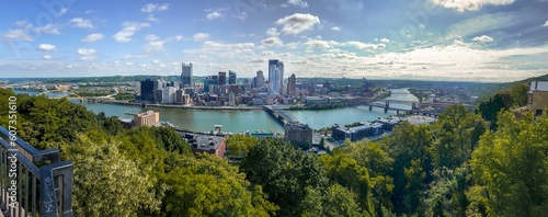 Aerial view of Downtown Pittsburgh with Mount Washington at the top of the Duquesne incline photo