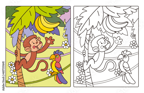 Coloring page with cute cartoon monkey and parrot on palm tree. Coloring book with line black and white illustration and colorful example for kids.