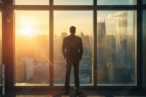 Wide Shot of a Business Man Looking Out Through Office Window With Sunny City Skyline in Background – Generative AI