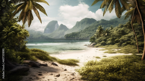 Abstract background with jungle frame, white sand beach in foreground and mountains. AI generated.
