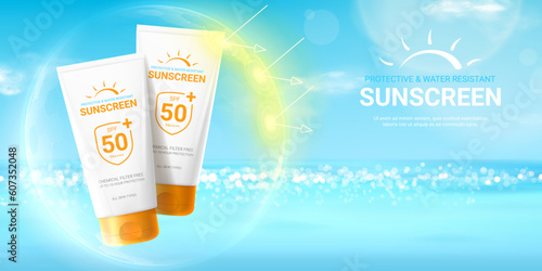 Summer sunscreen cream ad. 3d vector illustration of sunblock product. Ad banner with tubes of sunscreen cream in sphere shield under sun rays. Concept of solar protection cream from UV radiation.