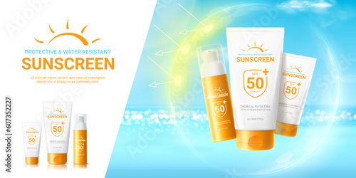 Summer sunscreen ad banner. Ad banner with tubes and bottle of sunscreen cream in sphere shield under sun rays. 3d vector illustration of sunblock product. Concept of protection from UV radiation.