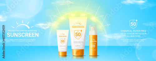 Summer sunscreen ad template. Ad banner with tubes and bottle of sunscreen cream in sphere shield under sun rays. Concept of protection from UV radiation. 3d vector illustration of sunblock product.