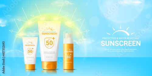 Summer sunscreen cream ad banner. Banner with tubes and bottle of sunscreen cream in sphere shield under sun rays. Concept of protection from UV radiation. 3d vector illustration of sunblock product.