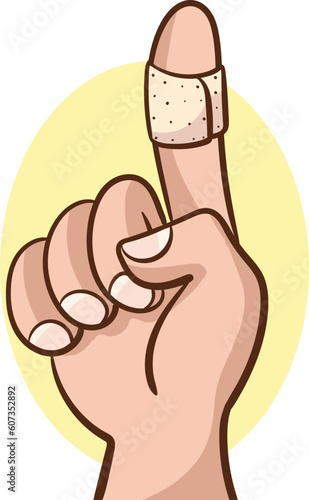 Bandaged finger up, like approval gesture
