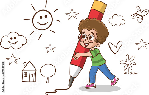 kids big pencil drawing vector illustration