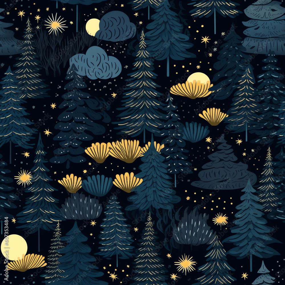 Generative AI Beautiful night forest scene with a full moon and falling ...