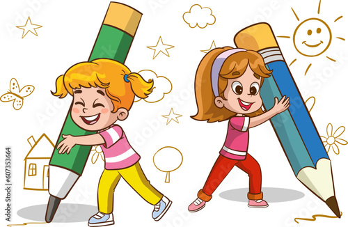 kids big pencil drawing vector illustration