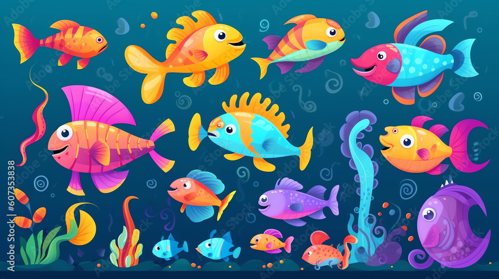 Generative AI Sea life, marine animals set with underwater landscape - seahorse, star, octopus, turtle, shark, fish, jellyfish, dolphin, crab. Cute cartoon illustration in flat style