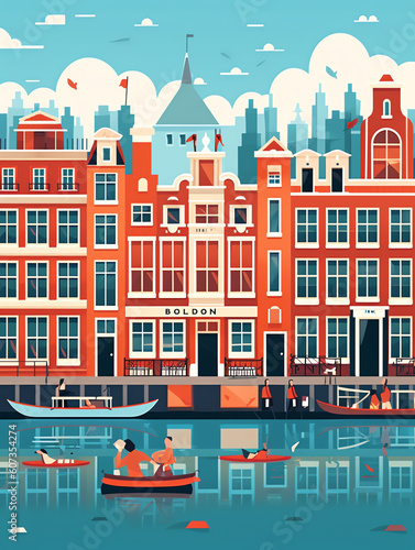 Generative AI Amsterdam traditional houses view with bridge, canal and boat, old city center. Vector illustration, flat design template