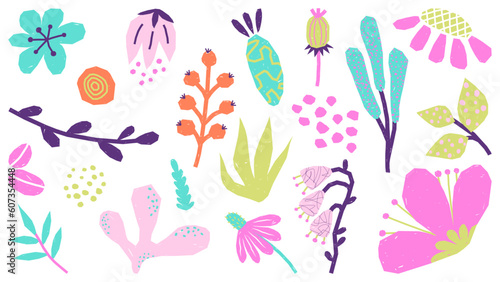 Set of abstract childish botanical elements. Flowers, berry, leaves in trendy cutout style, psychedelic color. Cartoon freehand print for card, fabric, decor, packaging, banner, post
