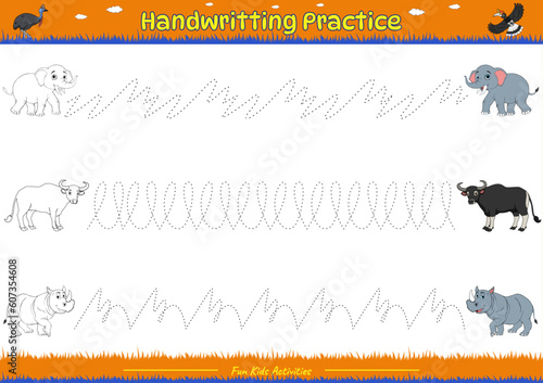 Handwriting practice with cartoon of elephant, java bull and rhinoceros